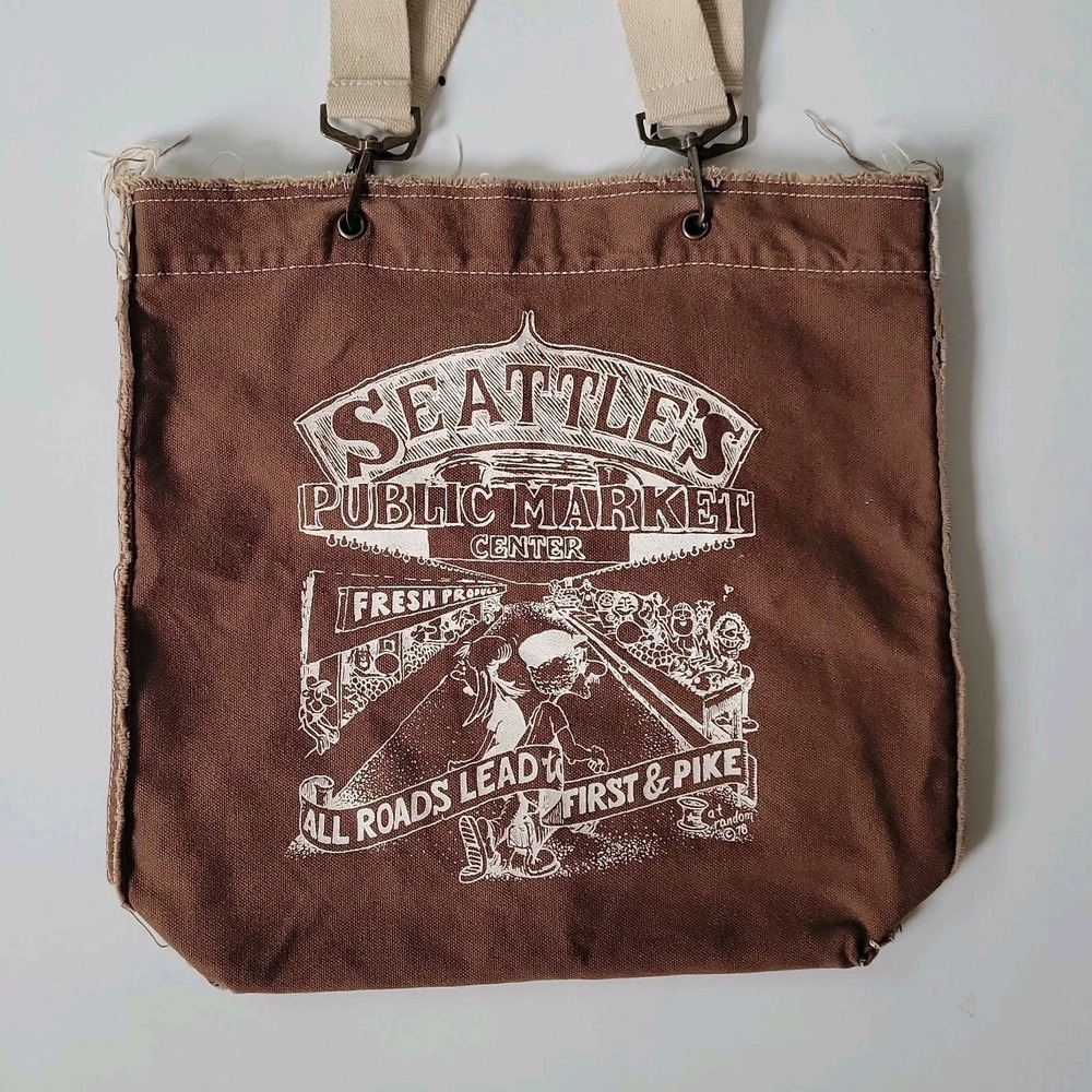 Authentic Pigment Canvas Shopper Tote Brown Seattle Public Market Graphic Vegan - Picture 3 of 15